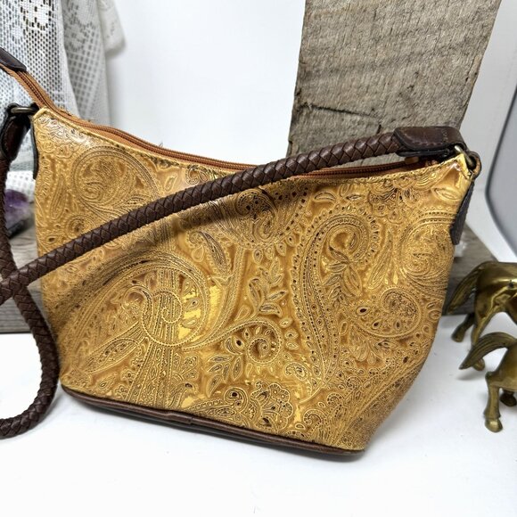 Embossed Tan Paisley Shoulder Bag With Brown Braided Strap By Relic - Picture 2 of 9